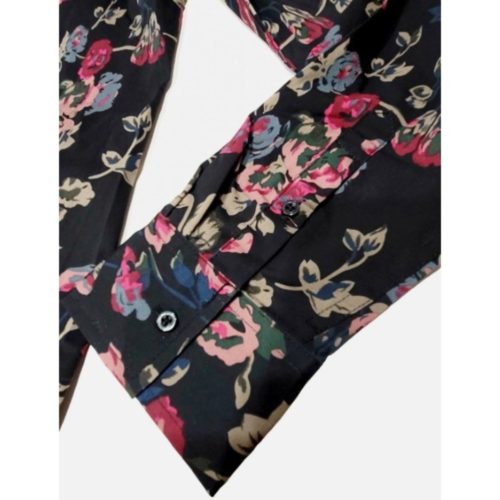 Chaps Shirt Top Blouse Button-Up Collared Neck Women's Black Red Floral Medium - Picture 5 of 6